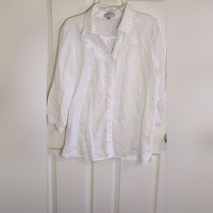 August Silk Options L White V-neck 100% LINEN 3/4 Sleeve Embroidered Women Shirt